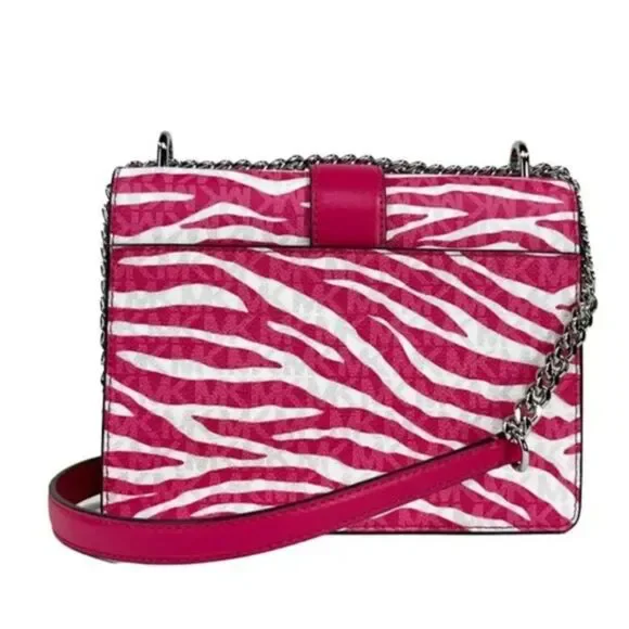 Michael Kors Greenwich Small Flap Shoulder Crossbody Bright Pink White Handbag - Picture 3 of 9